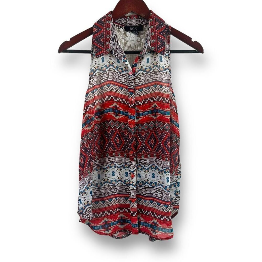 BCX Women's M Button Front Crocheted Racerback Sleeveless Blouse Southwestern